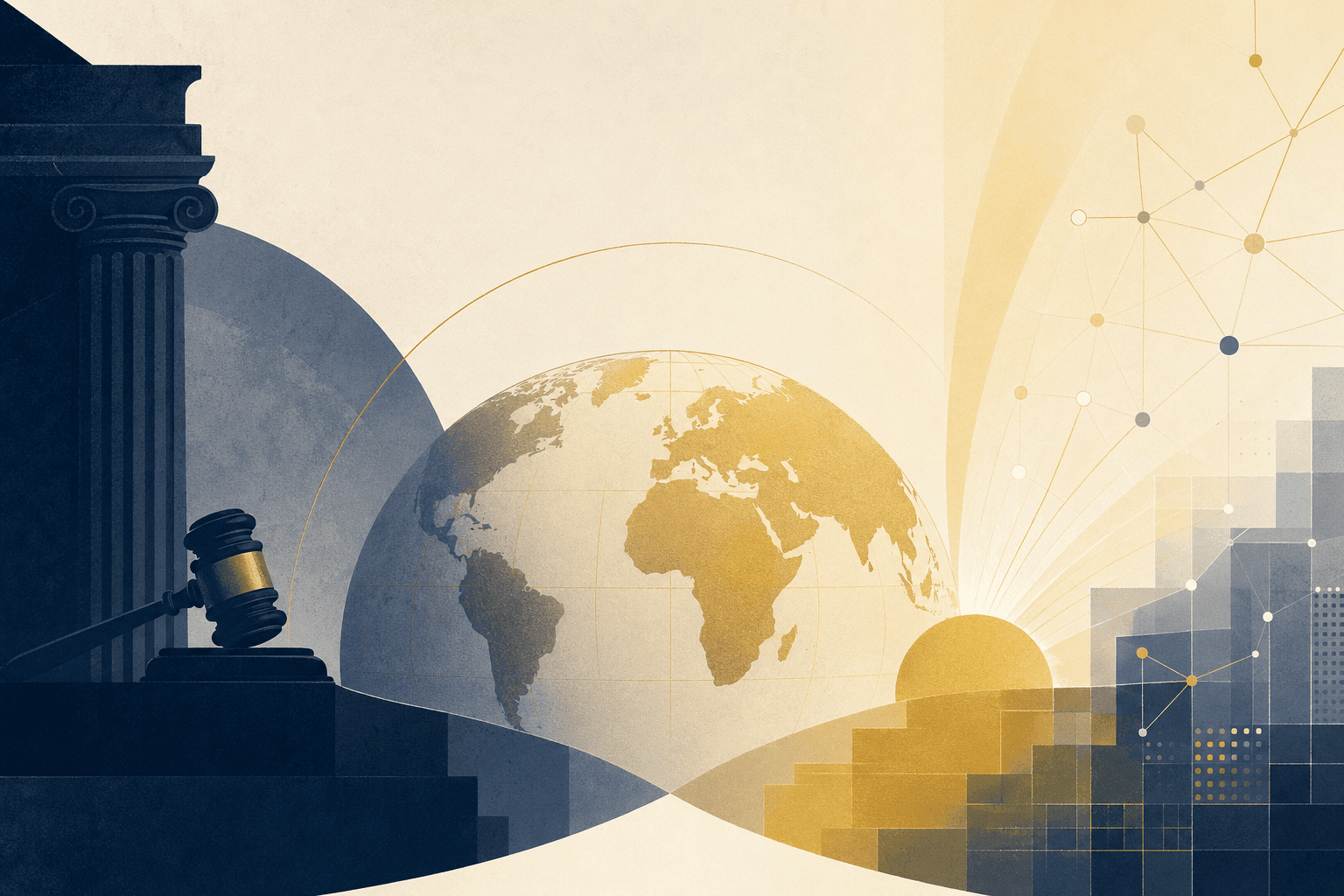 Abstract editorial illustration: generational contrast in global governance, navy and gold tones, globe and institutional motifs — no identifiable individuals.